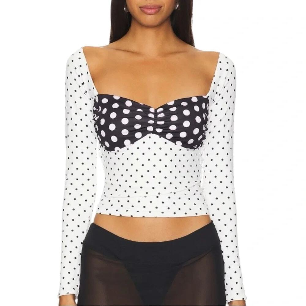 Niihai Black White Polka Dots Bustier Colorblock Long Sleeve Crop Top Size XS